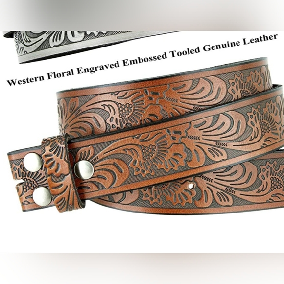 Western Floral Engraved Embossed Tooled Genuine Leather Belt Strap or Belt 1-1/2 - Picture 2 of 2